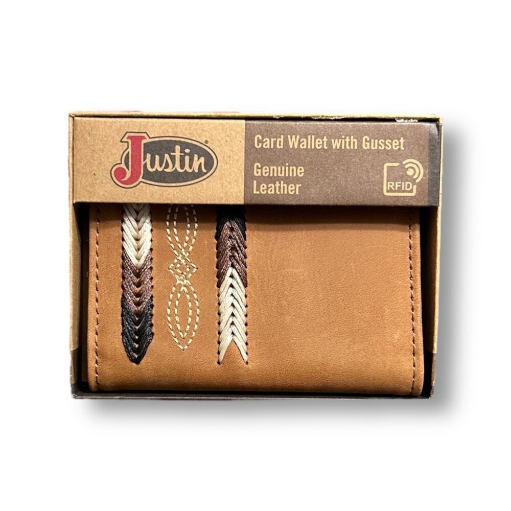 Justin Genuine Embroidered Leather RFID Brown Bifold Wallet Western Trim Cowboy